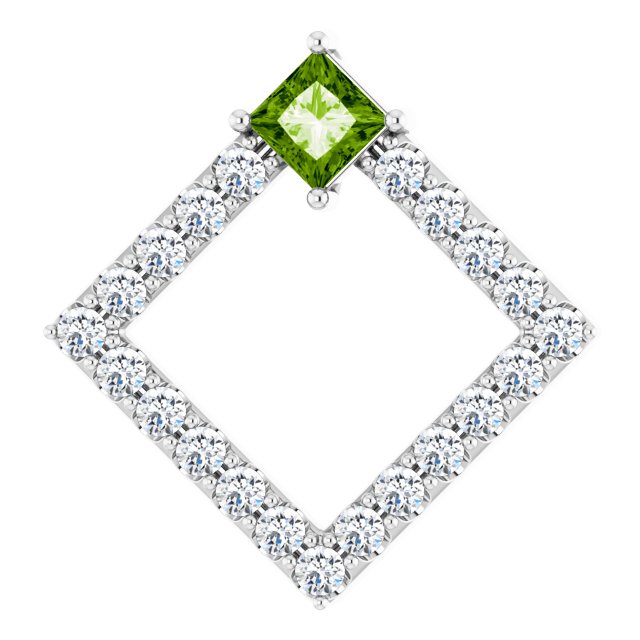 Platinum Square Natural Peridot Accented Geometric Necklace or Pendant