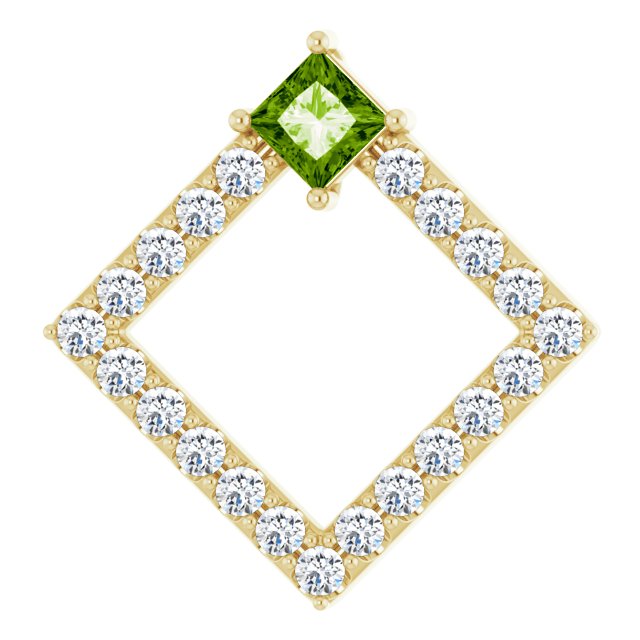 14K Gold Square Natural Peridot Accented Geometric Necklace or Pendant - Yellow Gold