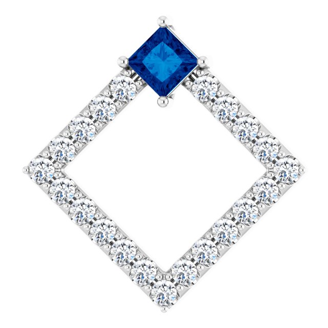 Platinum Square Natural Blue Sapphire Accented Geometric Necklace or Pendant