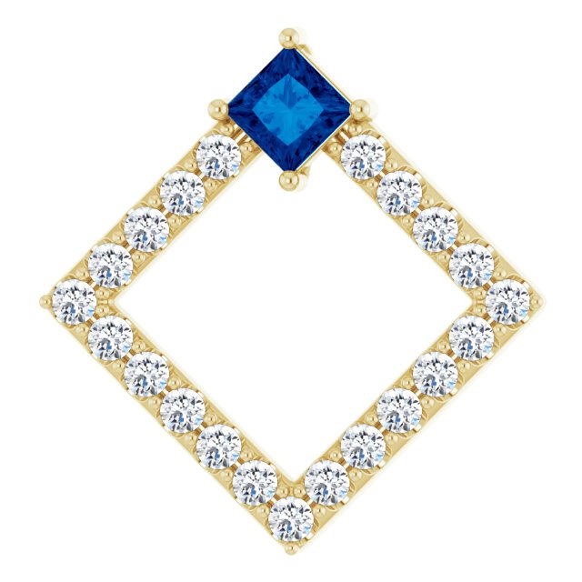 14K Gold Square Natural Blue Sapphire Accented Geometric Necklace or Pendant - Yellow Gold