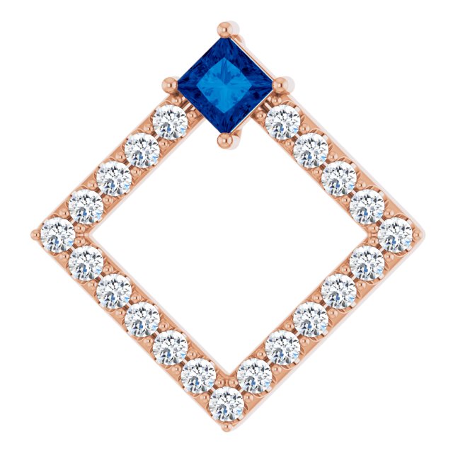 14K Gold Square Natural Blue Sapphire Accented Geometric Necklace or Pendant - Rose Gold
