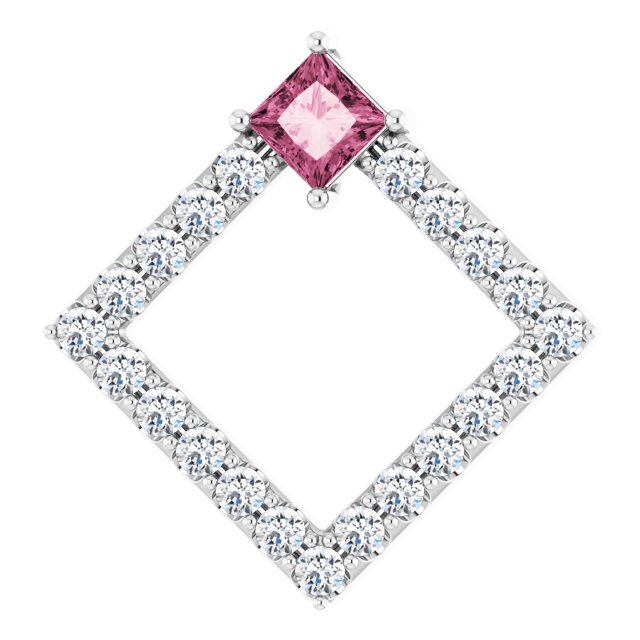 14K Gold Square Natural Pink Tourmaline Accented Geometric Necklace or Pendant - White Gold