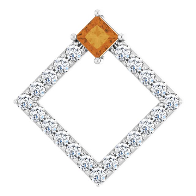 14K Gold Square Natural Citrine Accented Geometric Necklace or Pendant - White Gold