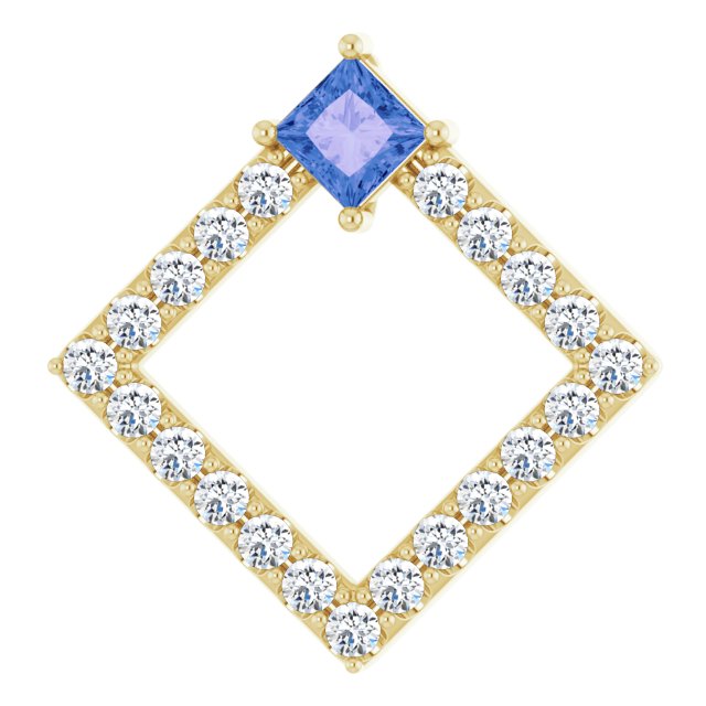 14K Gold Square Natural Tanzanite Accented Geometric Necklace or Pendant - Yellow Gold