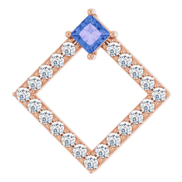 14K Gold Square Natural Tanzanite Accented Geometric Necklace or Pendant - Rose Gold