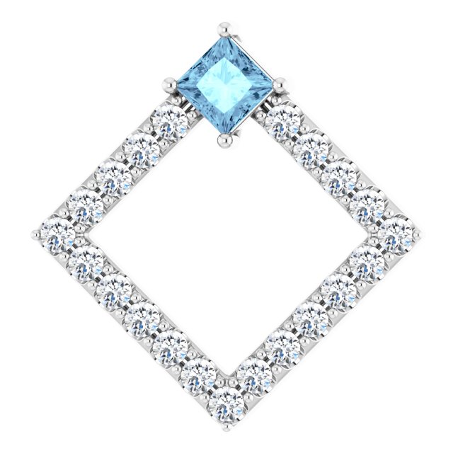 14K Gold Square Natural Aquamarine Accented Geometric Necklace or Pendant - White Gold