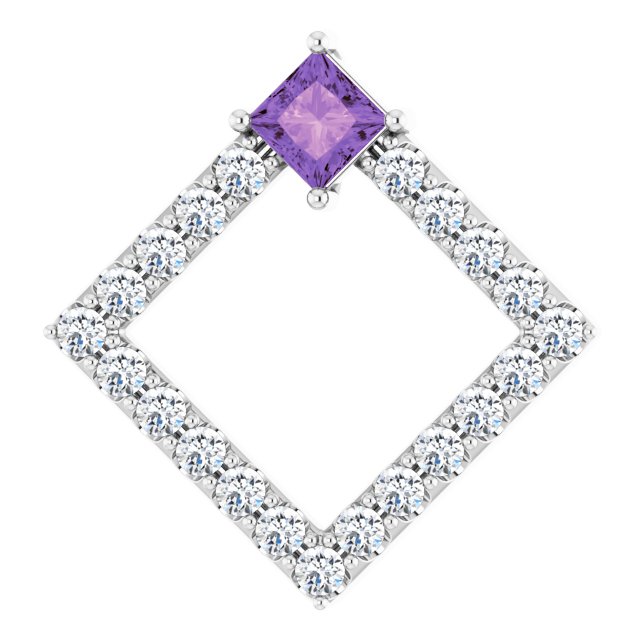 Platinum Square Natural Amethyst Accented Geometric Necklace or Pendant