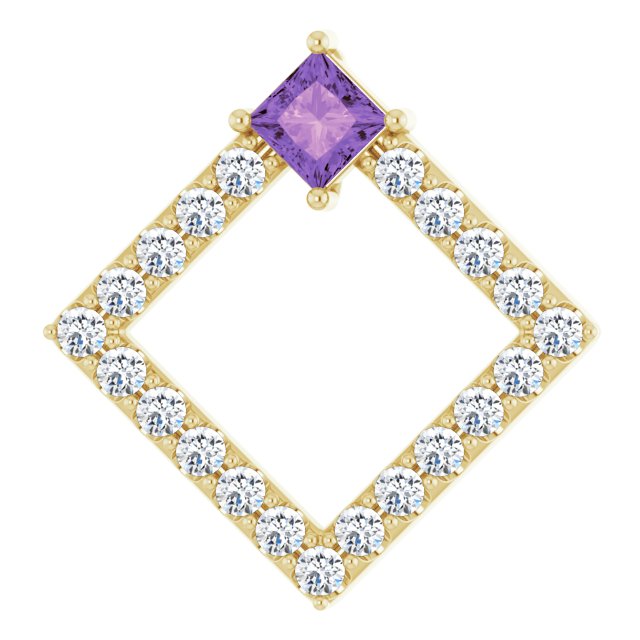 14K Gold Square Natural Amethyst Accented Geometric Necklace or Pendant - Yellow Gold