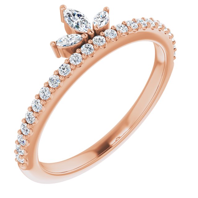 14K Gold Marquise Natural Diamond Accented Stackable Crown Ring - Rose Gold