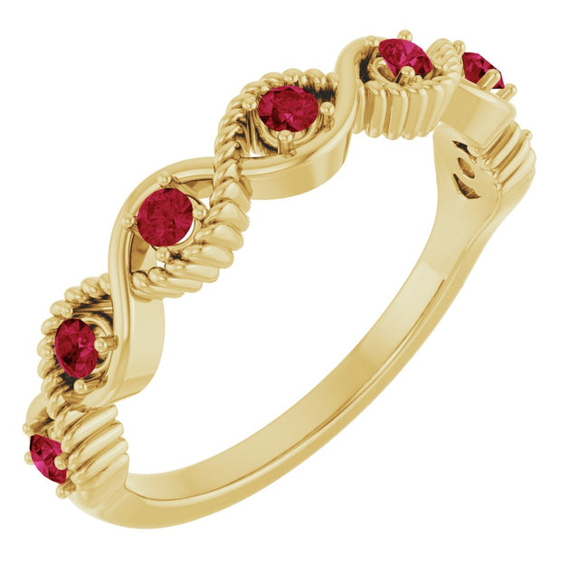 14K Gold Round Natural Ruby Accented Stackable Ring – 2mm Stones - Yellow Gold