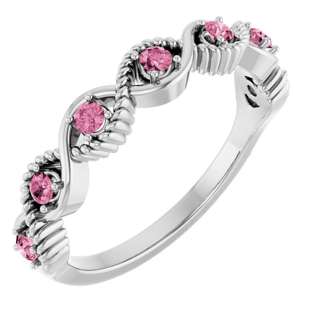 14K Gold Round Natural Pink Tourmaline Accented Stackable Ring – 2mm Stones - White Gold