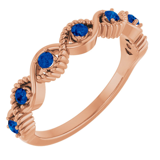 14K Gold Round Lab-Grown Blue Sapphire Accented Stackable Ring - Rose Gold