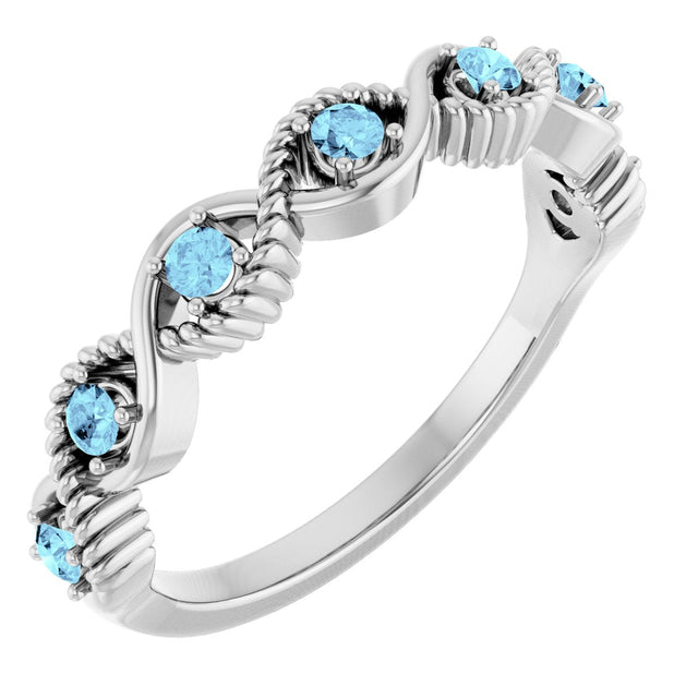 Platinum Round Natural Aquamarine Accented Stackable Ring – 2mm Stones