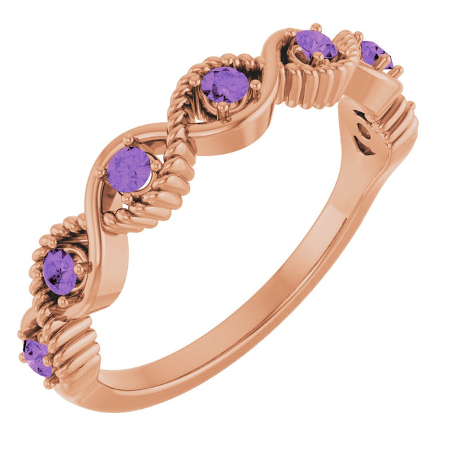 14K Gold Round Natural Amethyst Accented Stackable Ring – 2mm Stones - Rose Gold