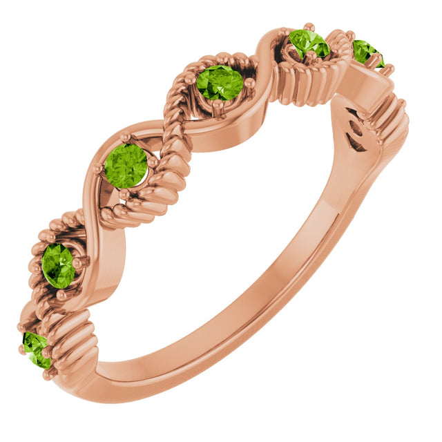 14K Gold Round Natural Peridot Accented Stackable Ring – 2mm Stones - Rose Gold