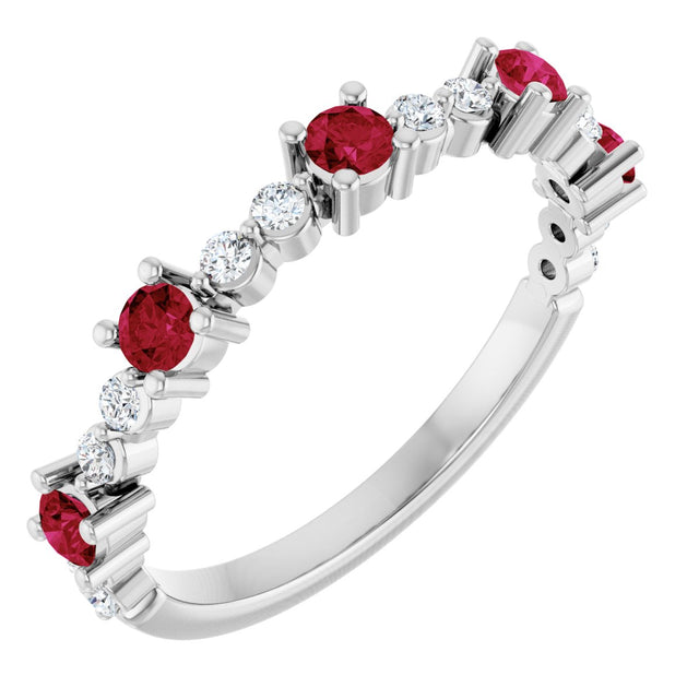 14K Gold Round Lab-Grown Ruby Accented Stackable Ring – 2.5mm Stones - White Gold
