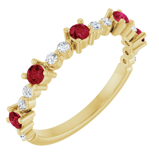 14K Gold Round Lab-Grown Ruby Accented Stackable Ring – 2.5mm Stones - Yellow Gold