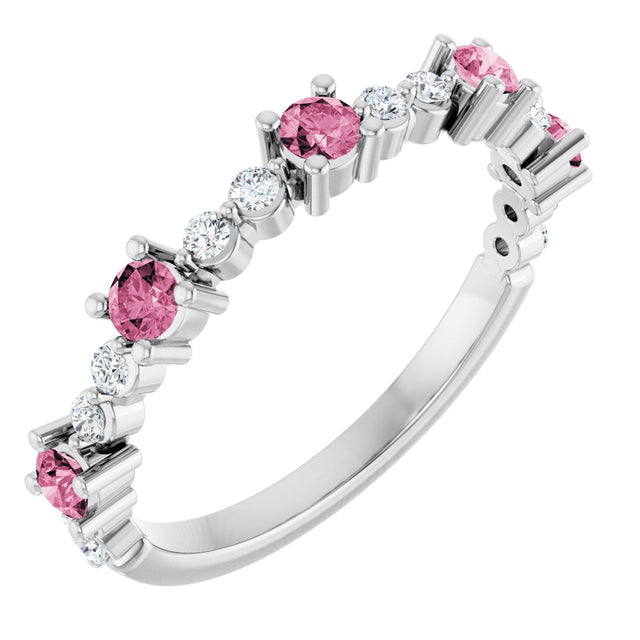 14K Gold Round Natural Pink Tourmaline Accented Stackable Ring – 2.5mm Stones - White Gold
