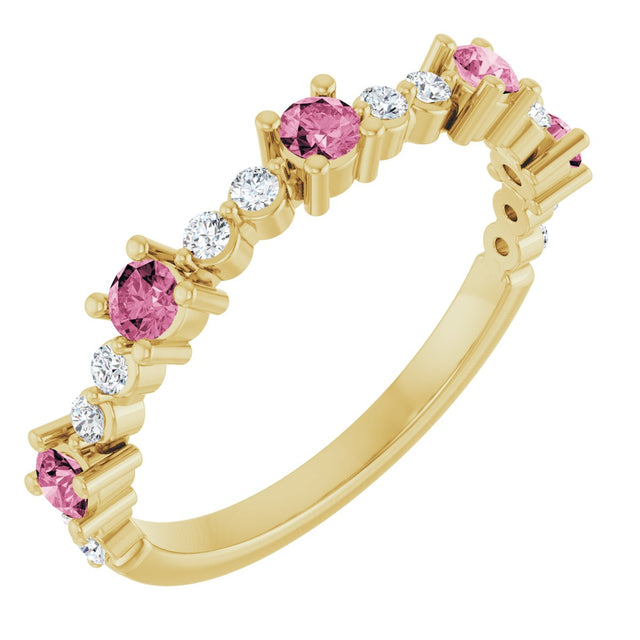 14K Gold Round Natural Pink Tourmaline Accented Stackable Ring – 2.5mm Stones - Yellow Gold