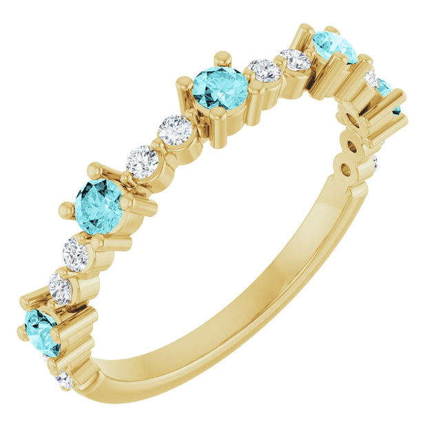 14K Gold Round Natural Blue Zircon Accented Stackable Ring – 2.5mm Stones - Yellow Gold