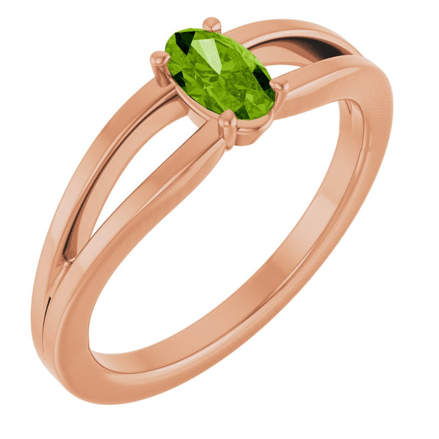 14K Gold Oval Natural Peridot Youth Birthstone Ring - Rose Gold
