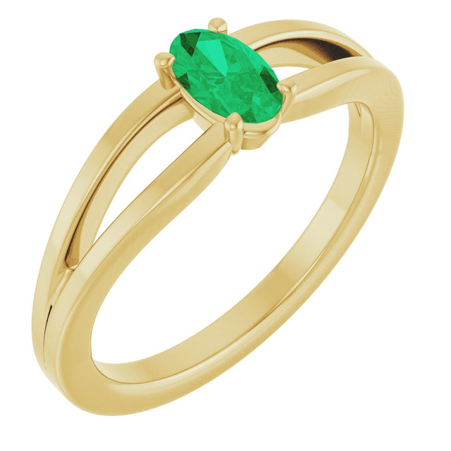 14K Gold Oval Lab-Grown Emerald Youth Birthstone Ring - Yellow Gold