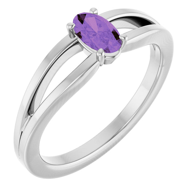 14K Gold Oval Natural Amethyst Youth Birthstone Ring - White Gold