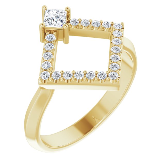 14K Gold Square Natural White Sapphire Accented Geometric Ring - Yellow Gold