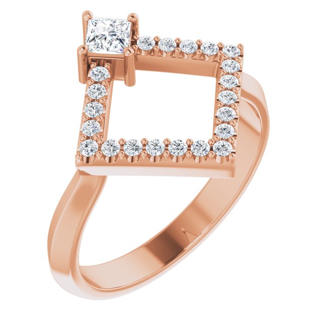 14K Gold Square Natural White Sapphire Accented Geometric Ring - Rose Gold
