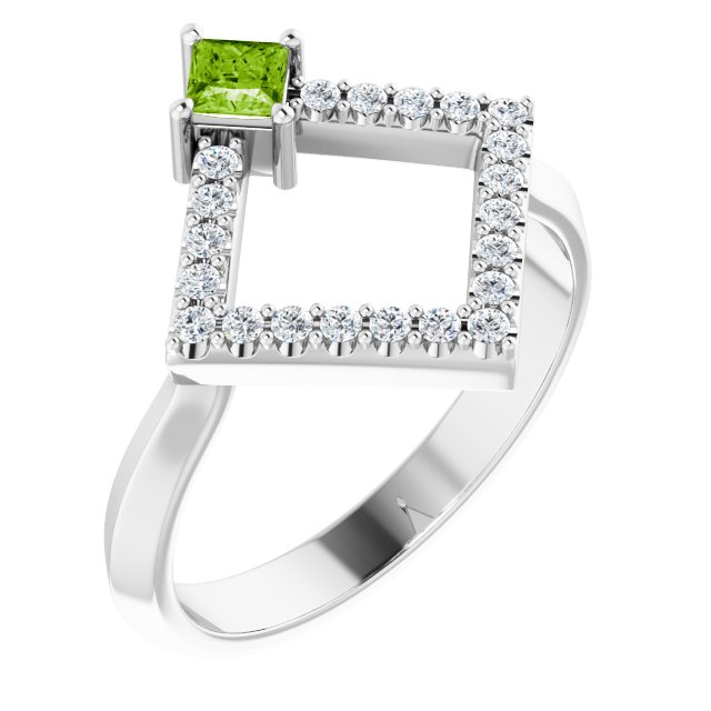 14K Gold Square Natural Peridot Accented Geometric Ring - White Gold