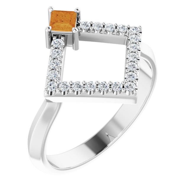 Platinum Square Natural Citrine Accented Geometric Ring