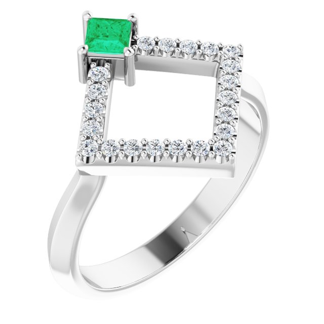 Platinum Square Natural Emerald Accented Geometric Ring