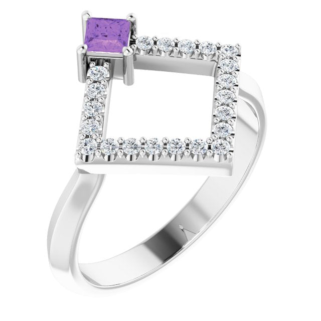 Platinum Square Natural Amethyst Accented Geometric Ring