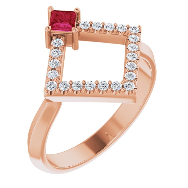 14K Gold Square Natural Ruby Accented Geometric Ring - Rose Gold