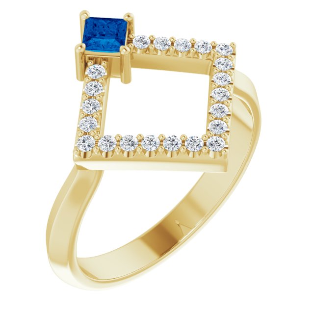14K Gold Square Natural Blue Sapphire Accented Geometric Ring - Yellow Gold