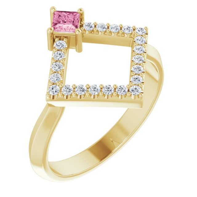 14K Gold Square Natural Pink Tourmaline Accented Geometric Ring - Yellow Gold