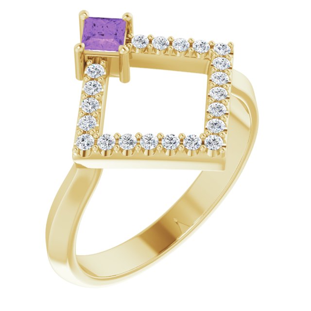 14K Gold Square Natural Amethyst Accented Geometric Ring - Yellow Gold