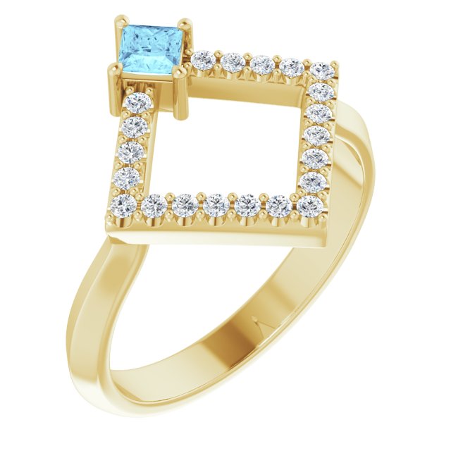 14K Gold Square Natural Aquamarine Accented Geometric Ring - Yellow Gold