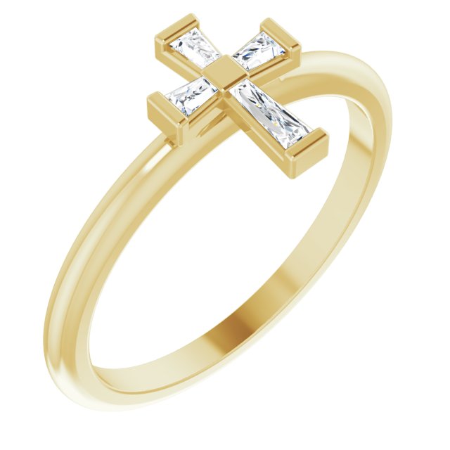 14K Gold Tapered Baguette Natural Diamond Accented Stackable Cross Ring - Yellow Gold