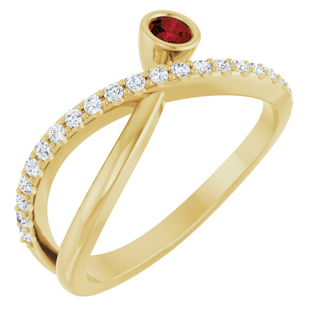 14K Gold Round Natural Mozambique Garnet Criss-Cross Bezel-Set Ring – 3mm Stones - Yellow Gold