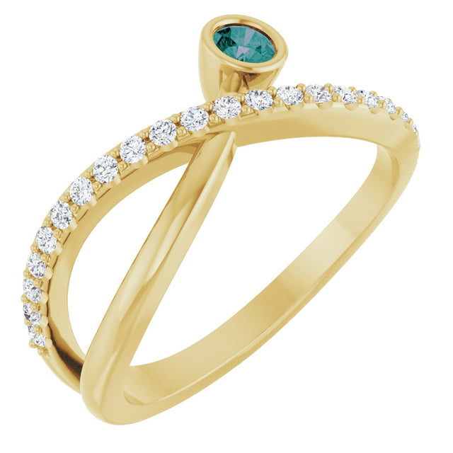 14K Gold Round Natural Alexandrite Criss-Cross Bezel-Set Ring – 3mm Stones - Yellow Gold