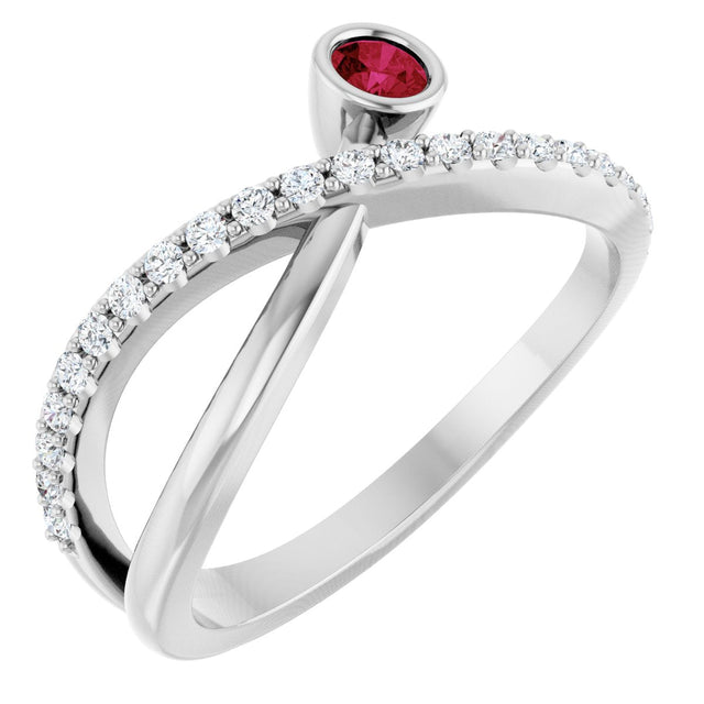 14K Gold Round Natural Ruby Criss-Cross Bezel-Set Ring – 3mm Stones - White Gold