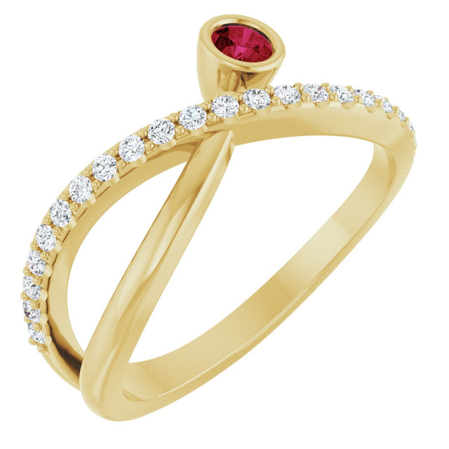 14K Gold Round Natural Ruby Criss-Cross Bezel-Set Ring – 3mm Stones - Yellow Gold