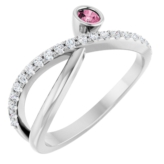 14K Gold Round Natural Pink Tourmaline Criss-Cross Bezel-Set Ring – 3mm Stones - White Gold