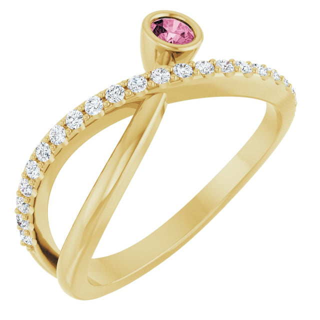 14K Gold Round Natural Pink Tourmaline Criss-Cross Bezel-Set Ring – 3mm Stones - Yellow Gold