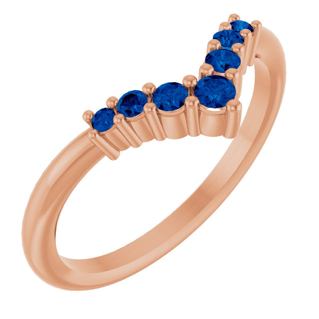 14K Gold Round Natural Blue Sapphire Graduated V Ring - Rose Gold