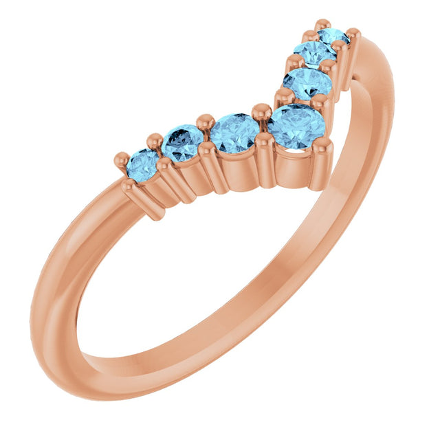 14K Gold Round Natural Aquamarine Graduated V Ring - Rose Gold
