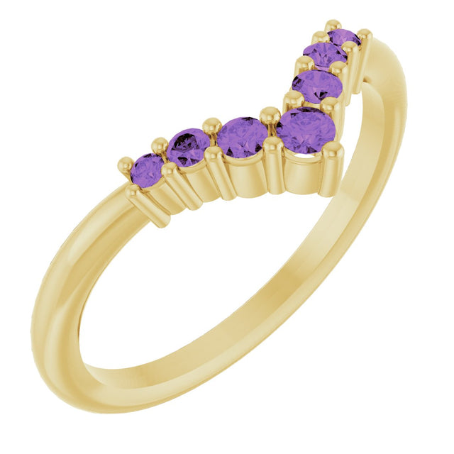14K Gold Round Natural Amethyst Graduated V Ring - Yellow Gold