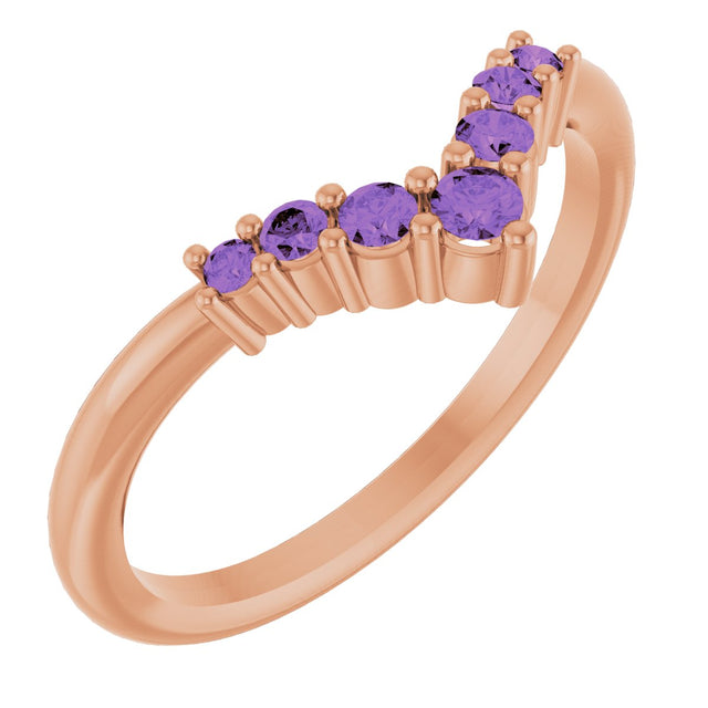 14K Gold Round Natural Amethyst Graduated V Ring - Rose Gold