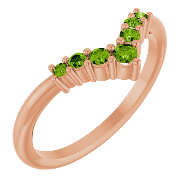 14K Gold Round Natural Peridot Graduated V Ring - Rose Gold